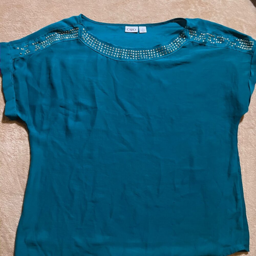 CATO Women XL Dark Teal Scoop Embellished Neck Short Sleeve Blouse Top